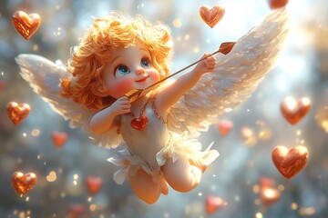 Poster - Playful 3D cartoon cupid icon set with the cupid figure shooting arrows surrounded by floating heart symbols perfect for Valentine's Day and love celebrations in bright colors