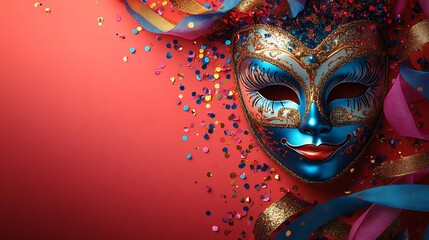 Poster - Playful carnival mask in a range of bright colors surrounded by flowing ribbons and glittering confetti centered on a clean banner with an empty section for text to the left
