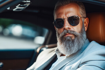 A man with a long beard sitting in a car wearing sunglasses