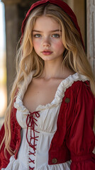 Poster - A young girl wearing a red riding hood and a white dress