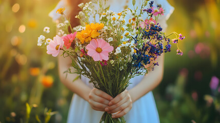 A woman is holding a bouquet of flowers in her hand