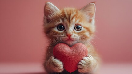 Poster - Playful minimalistic composition of a cheerful kitten holding a big heart set against a simple light pink background Ideal for conveying love on Valentine's Day