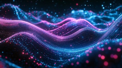 Poster - Colorful digital waves with vibrant blue and pink lights creating an abstract pattern, perfect for backgrounds or tech-related themes.