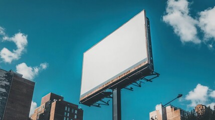 A blank billboard stands against a blue sky, highlighting urban advertising space.