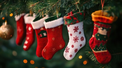 Poster - Colorful festive Christmas stockings hanging from a pine branch creating traditional seasonal holiday accents