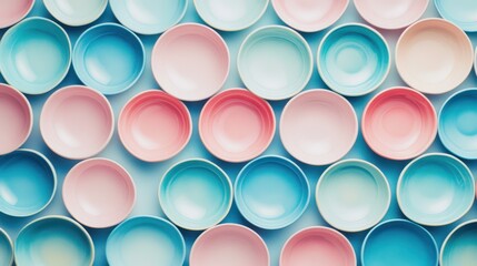 Canvas Print - Colorful porcelain plates arranged in a neat pattern with pink and blue hues creating a modern aesthetic light tone concept