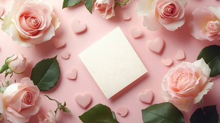 Poster - Romantic Valentines Day card resting on a soft pink background surrounded by delicate roses and hearts creating a dreamy lovefilled atmosphere perfect for a wedding or special day
