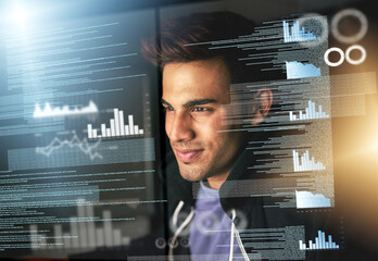 Leinwandbilder - Man, programmer and hologram for digital transformation of of stock market growth and firewall update. Database, overlay and dashboard with computer charts and programming for company cyber security