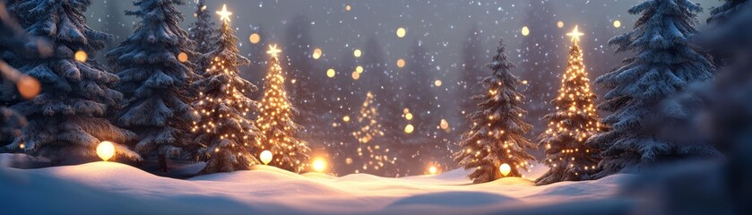 Snowy forest scene with twinkling lights and pine trees.