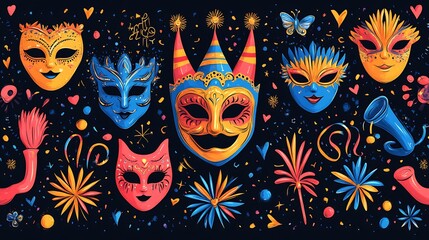 Fototapete - Seamless party pattern featuring carnival icons like masks trumpets and confetti in bold colors creating a festive background for events like fat tuesday photo booths or birthday celebrations