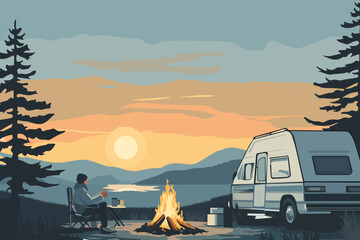 forest landscape camping trees lake sunset fall nature inspired vector illustration