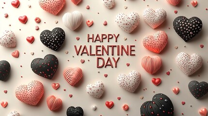 Poster - Simple yet elegant Valentine's Day background with HAPPY VALENTINE DAY in stylish text surrounded by modern heart compositions set against a minimalistic lightcolored backdrop