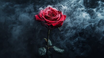 Poster - Single red rose wrapped in swirling smoke set against a deep black background Captured from the top view creating a dramatic and romantic Valentines Day scene