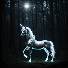 glowing silver unicorn in a dark jungle