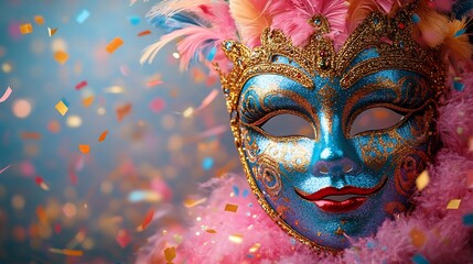 Poster - Striking carnival mask in bold and vibrant colors surrounded by playful confetti and streamers on a soft pastel background with a clear section left open for text in the middle