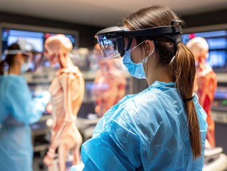 Poster - An innovative medical training through augmented reality visual, featuring medical students using AR glasses to learn anatomy or perform virtual surgeries, blending real-world and digital learning