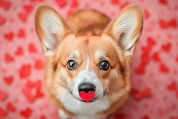 cute corgi dog , with a little confetti heart on his nose , standing on the ground with red heart-shaped blurred confetti flying around it, a cute expression, front view, close-up shot of its face