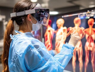 Poster - An innovative medical training through augmented reality visual, featuring medical students using AR glasses to learn anatomy or perform virtual surgeries, blending real-world and digital learning