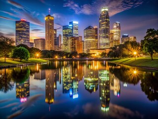 Houston City Night Silhouette Photography with Skyline and Skyline Reflections