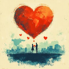 Poster - Valentines Day illustration showing couples across the globe each connected by a big red heart in the sky Love is in the air all around the world with hearts floating above