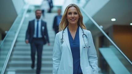 Poster - A woman in a white coat and blue scrubs is walking up a set of stairs