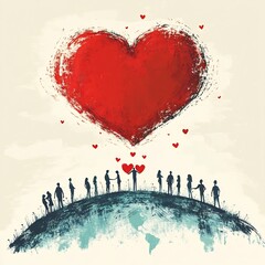 Poster - Valentines Day illustration showing couples across the globe each connected by a big red heart in the sky Love is in the air all around the world with hearts floating above