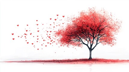 Poster - Valentines tree with heartshaped leaves on a clean white background showcasing a charming and simple design with delicate red and pink hues for a romantic touch