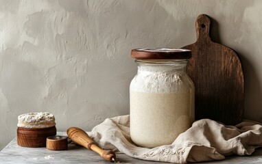 Homemade sourdough starter in glass jar with wooden utensils and cutting board. Artisan bread baking concept with natural fermentation process