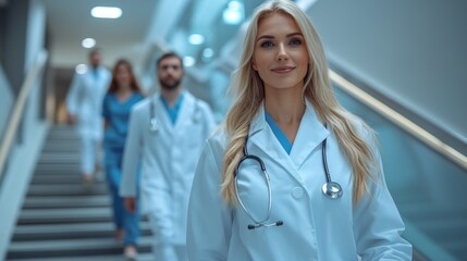 Poster - A group of doctors are walking down a staircase