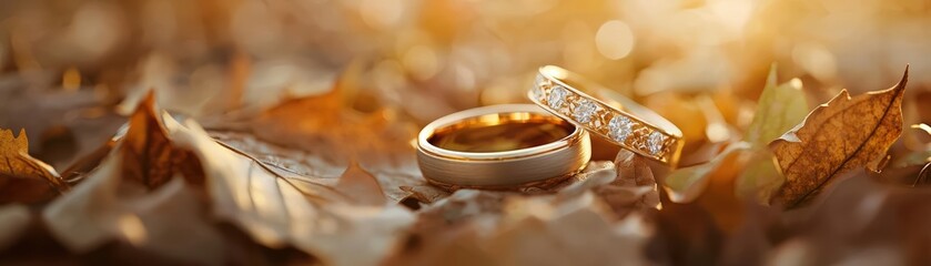 Wedding rings on autumn leaves, capturing love and commitment amidst the beauty of nature.