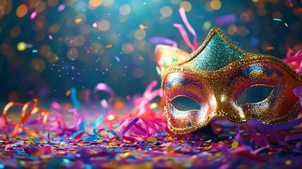 Poster - Vibrant carnival background filled with colorful streamers and confetti floating through the air surrounded by playful funny face masks scattered across the scene in a festive abstract layout