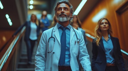 Poster - A group of people are walking down a hallway, one of whom is a doctor