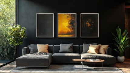 Living room interior with three square paintings on the wall. Modern black wall with a gray couch, dark-toned gallery setting with art frames.