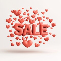 Poster - Minimalistic Valentine's Day sale vector bold SALE in 3D heart shapes floating around a white background evoking a clean romantic feel for a promotional discount design