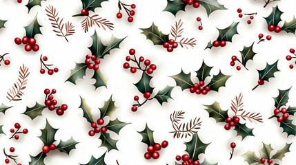 Holly leaves and berries create festive pattern, perfect for holiday decorations. This vibrant design captures essence of Christmas cheer and seasonal joy