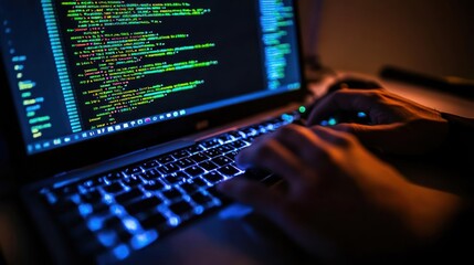 Poster - Hands Typing Code on Laptop Keyboard with Colorful Screen Display