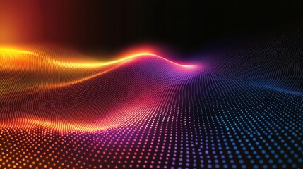 Abstract background with glowing, colorful waves of particles.