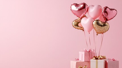 Poster - Happy Valentine's Day banner pink and gold heartshaped foil balloons floating above a pile of gifts Set against a pink Valentines Day background with ample copy space