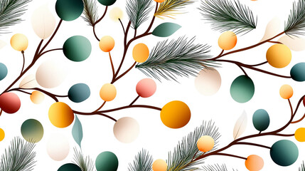 vibrant and festive pattern featuring watercolor Christmas tree branches adorned with colorful ornaments. This design captures essence of holiday cheer and seasonal beauty