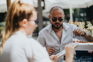 Startup team in a casual outdoor business meeting discussing strategies, brainstorming ideas, and analyzing data to plan their next steps.