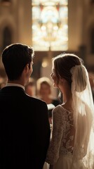 Wall Mural - A bride and groom are standing in front of a stained glass window in a church