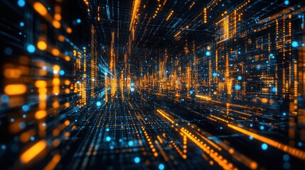 Poster - Abstract Digital Network with Orange and Blue Lights