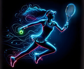 Neon Figur einer Tennisspielerin auf blauem Hintergrund, copy space