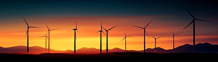 Row of wind turbines against a stunning sunset sky, providing renewable energy.