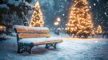 Poster - Snow-covered park bench in a winter scene with illuminated Christmas trees and snowfall creating a serene holiday atmosphere