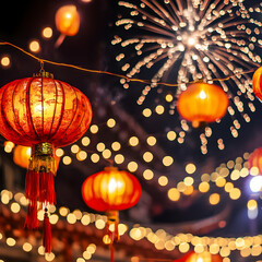 Wall Mural - Chinese lanterns shining during lunar new year fireworks display
