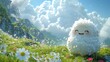 © Pattarin - 3D illustration of a cute fluffy cloud creature rests on mountaintop meadow