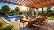 © Four888 - Modern Outdoor Dining Area with Pergola and Swimming Pool - Ideal for Summer Gatherings and Relaxation