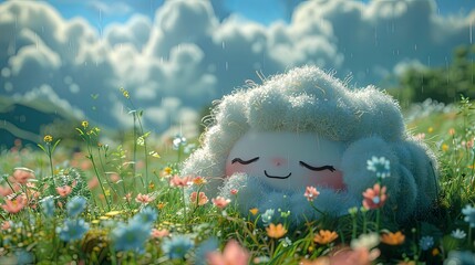 3D illustration of a cute fluffy cloud creature rests on mountaintop meadow