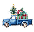© Momphoto - A vintage blue truck carries Christmas gifts and a tree, perfect for the holiday spirit and festive decor.